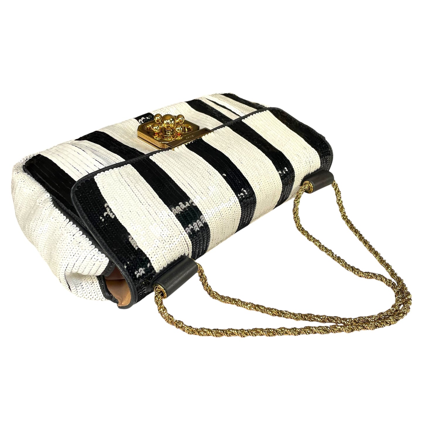 Chloe Elsie Medium Sequin Leather Stripe Black White GHW Rope Strap Shoulder Bag
