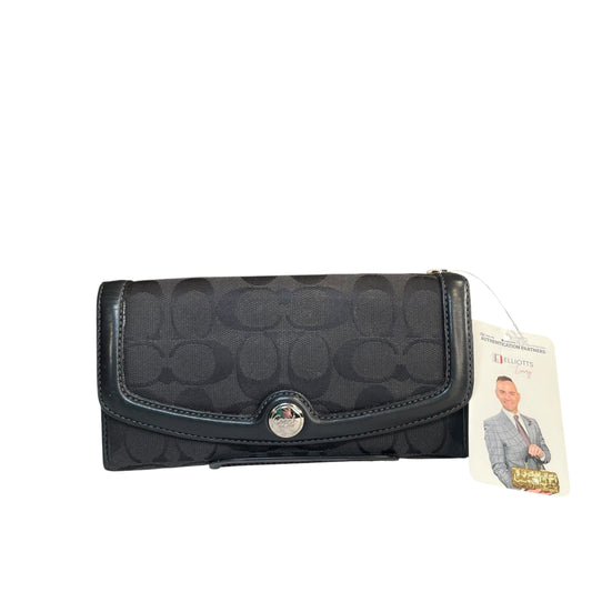 Coach Legacy Signature C SHW Black Canvas Leather TRIM Trifold Card Long Wallet