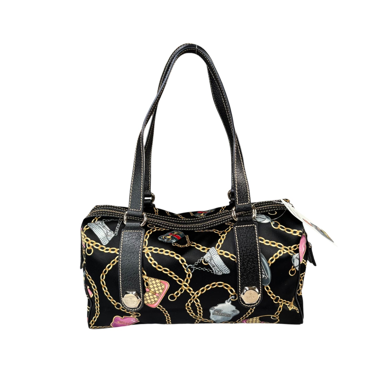 Gucci Black Satin Leather Boston Charm Motif Jackie / HorseBit Chain