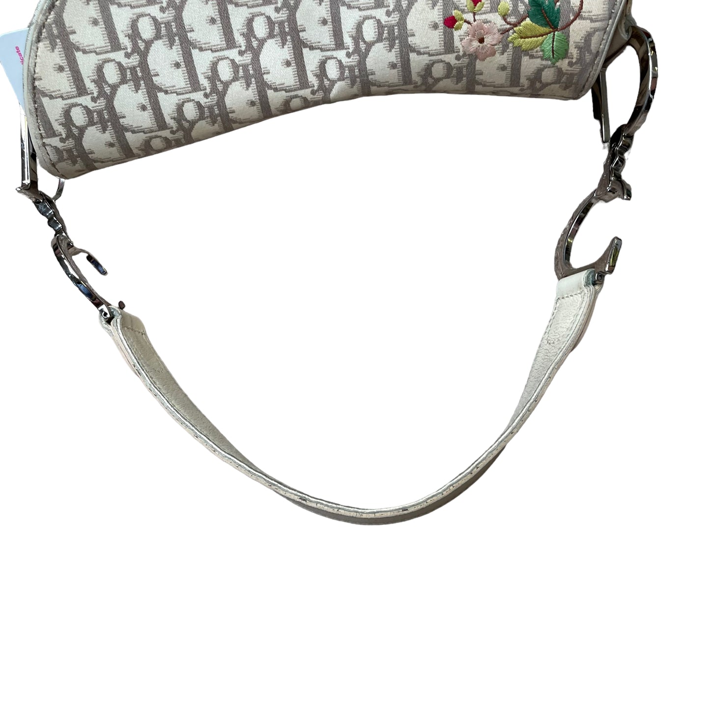 Christian Dior Saddle Oblique Bag Floral Embroidered Ivory Canvas Silver Hardware Purse