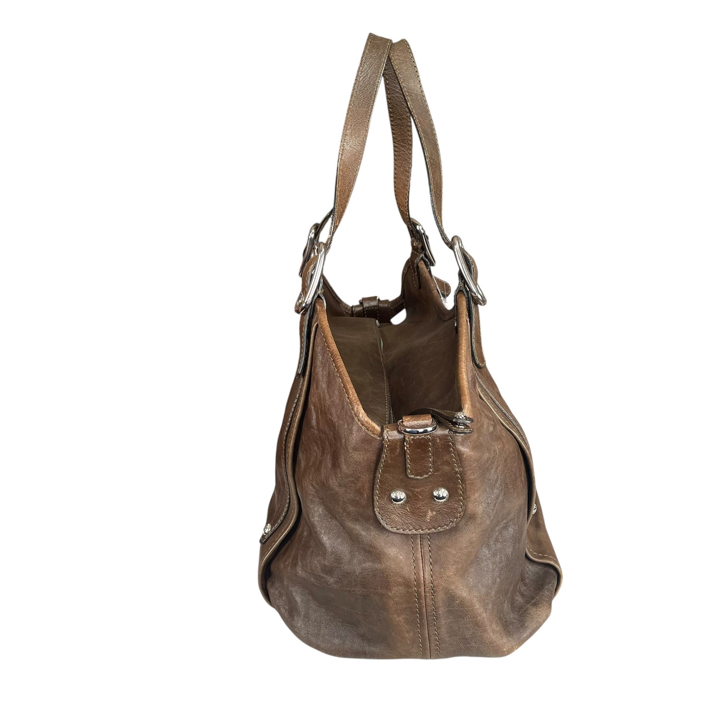 TOD’s G Easy Sacca SHW Grande Distressed Brown Leather Zip Media Tote