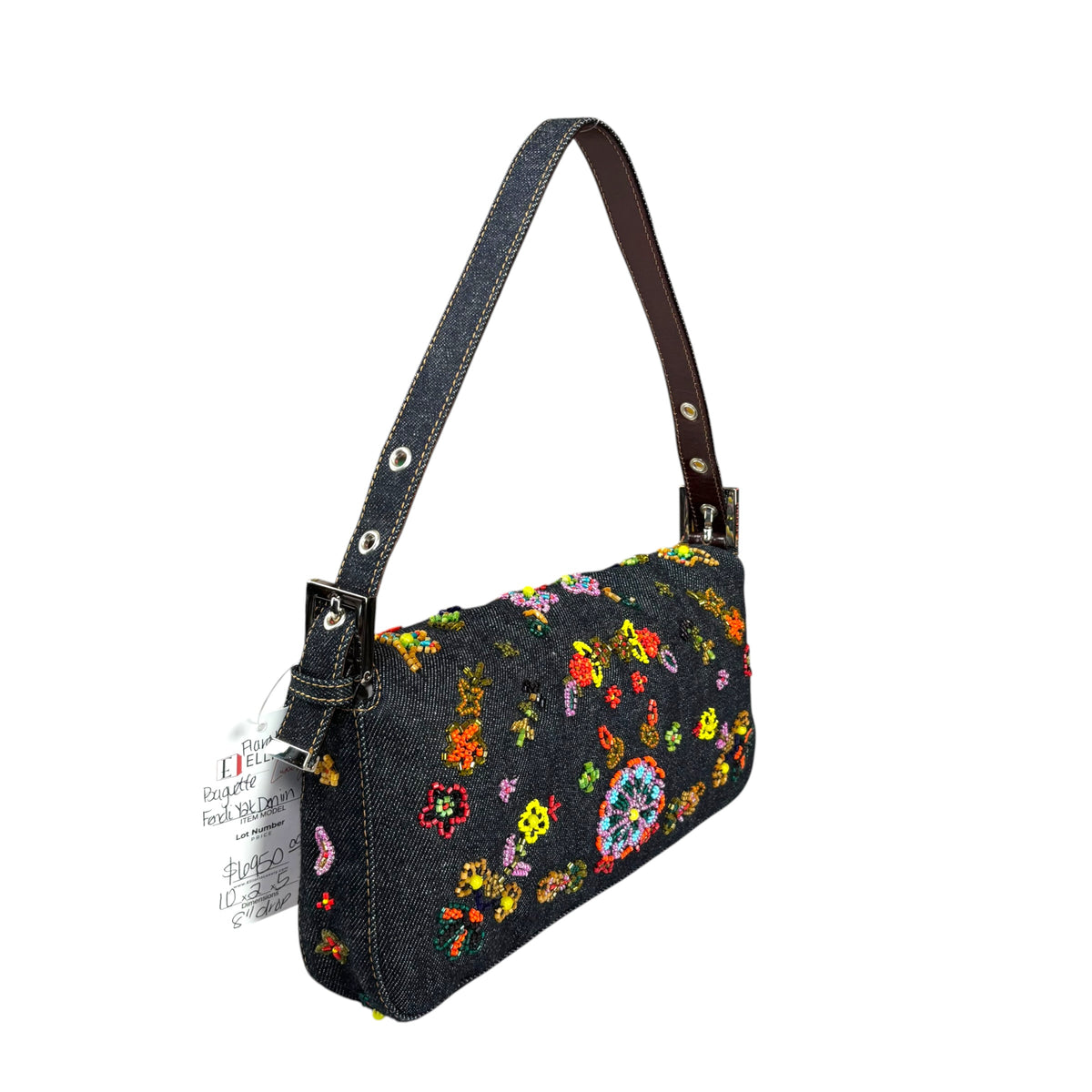 Fendi Y2K Denim Classic Floral Beaded Baguette Shoulder Purse