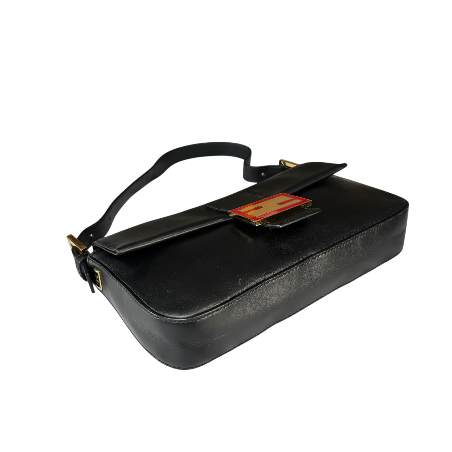 Fendi Baguette Re-Issue Black Leather GHW Red/ Tan Shoulder Purse
