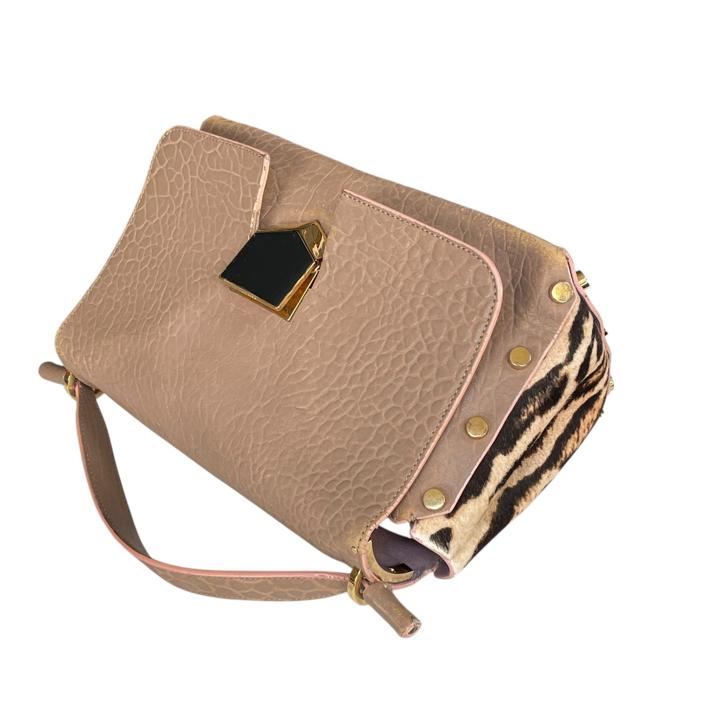 Jimmy Choo Lockett Two Way Bag Leopard Pony Hair Taupe Leather Gold HW Satchel