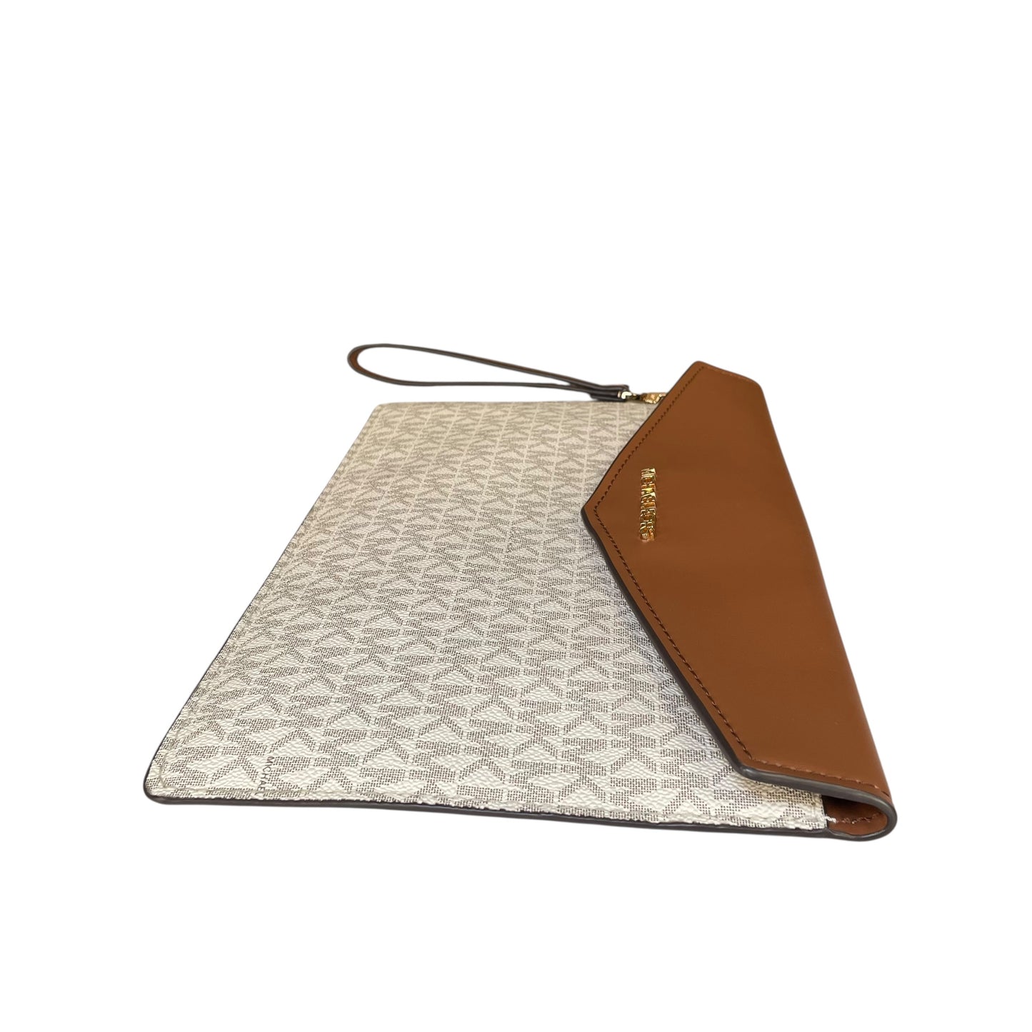 Michael Kors Maisie Leather Brown White Canvas GHW XL Envelope Clutch Wristlet