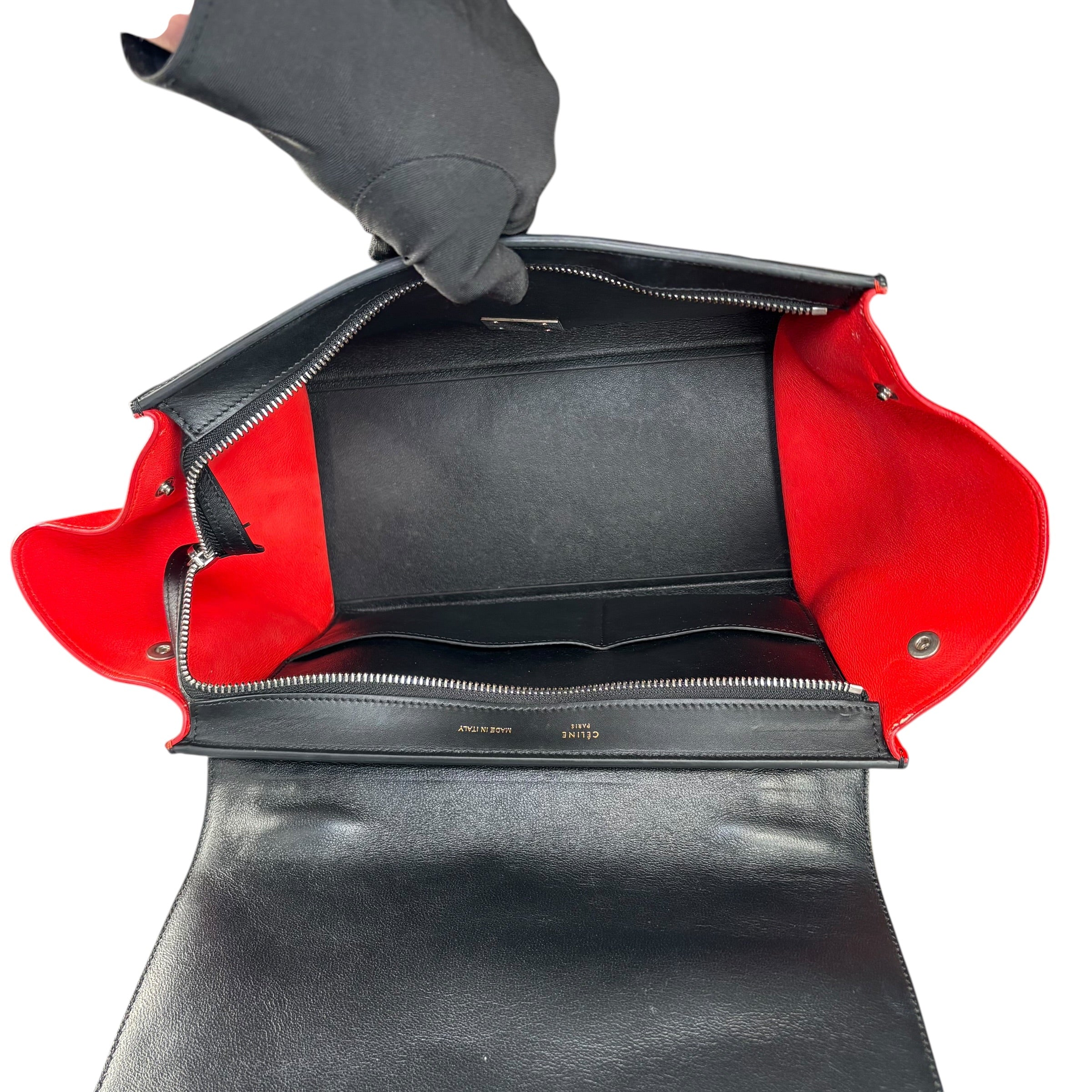 Celine Trapeze Tri-Color Red Black Grey Turn-Lock Top Handle Purse