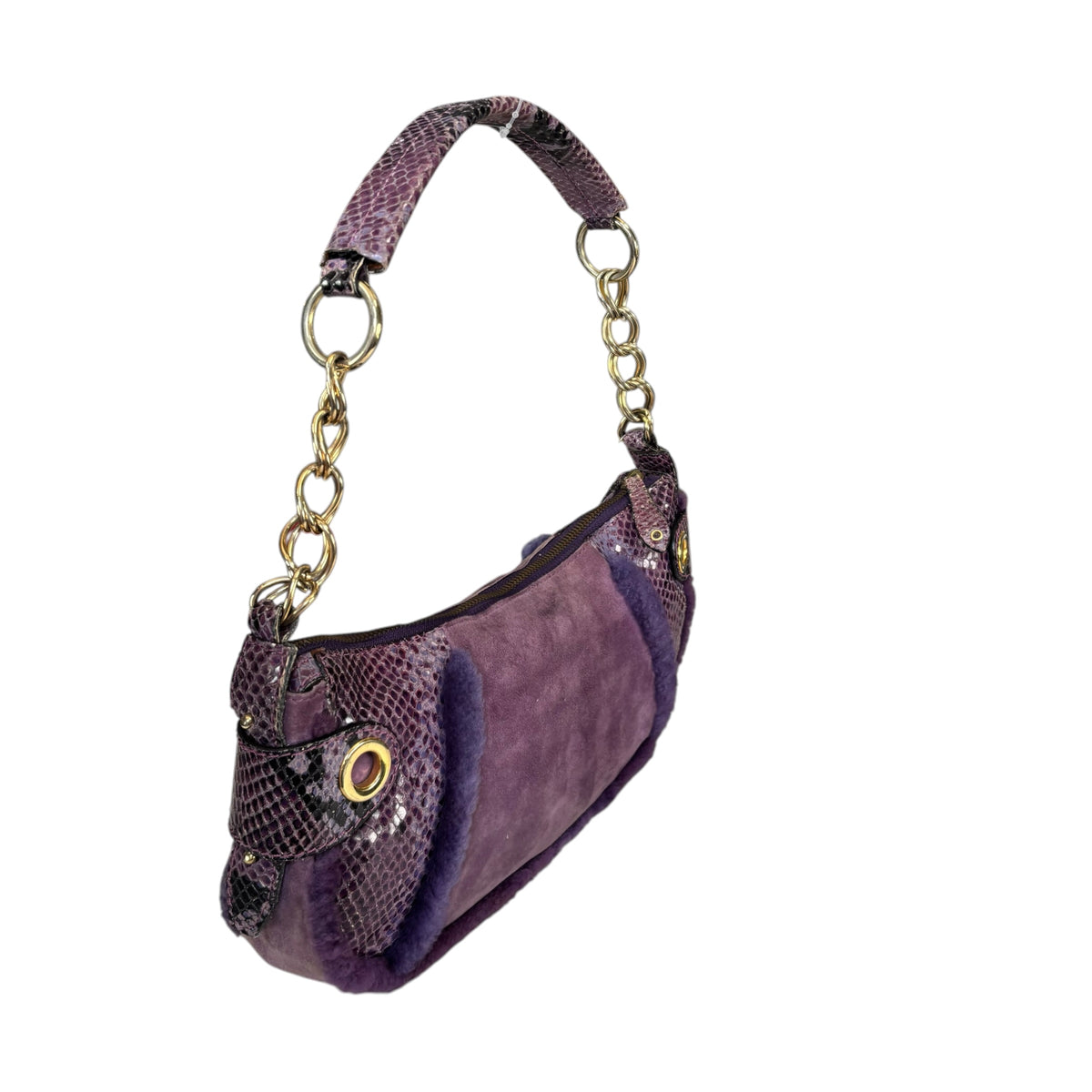 Dolce & Gabbana Y2K Purple Shearling Python Embossed Shoulder Purse
