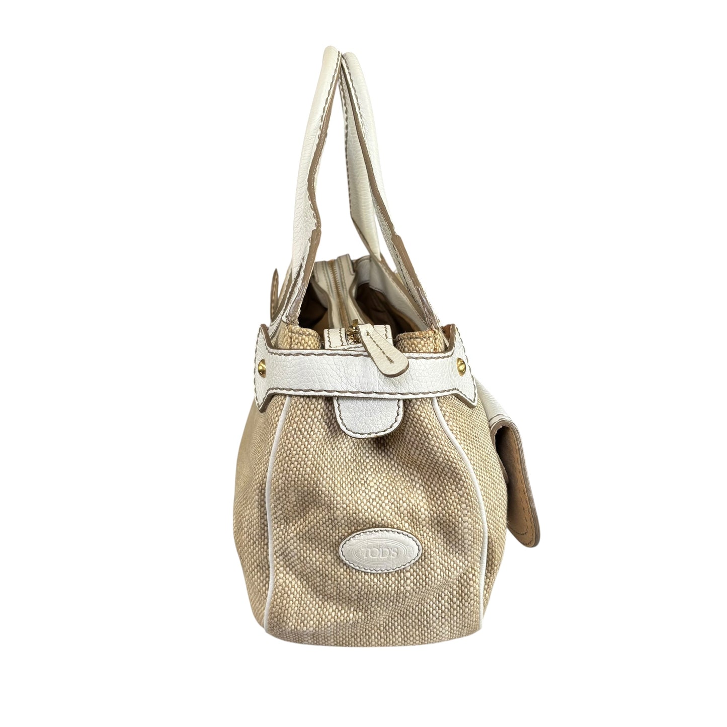 Tod’s Decoupage Canvas Chalk & Tan Leather Shoulder Purse