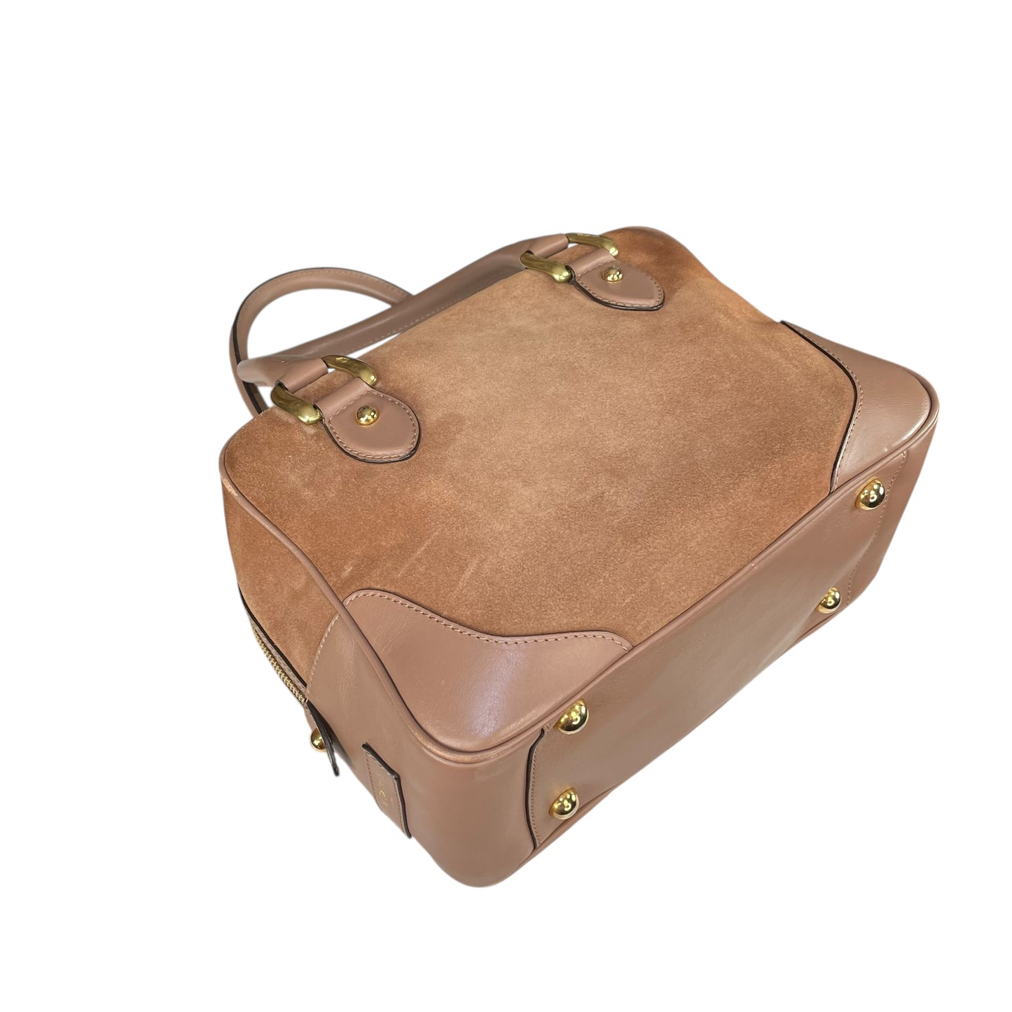 J&M Davidson Mia Equestrian Satchel Suede Leather Brown Lock Key Boston Bag