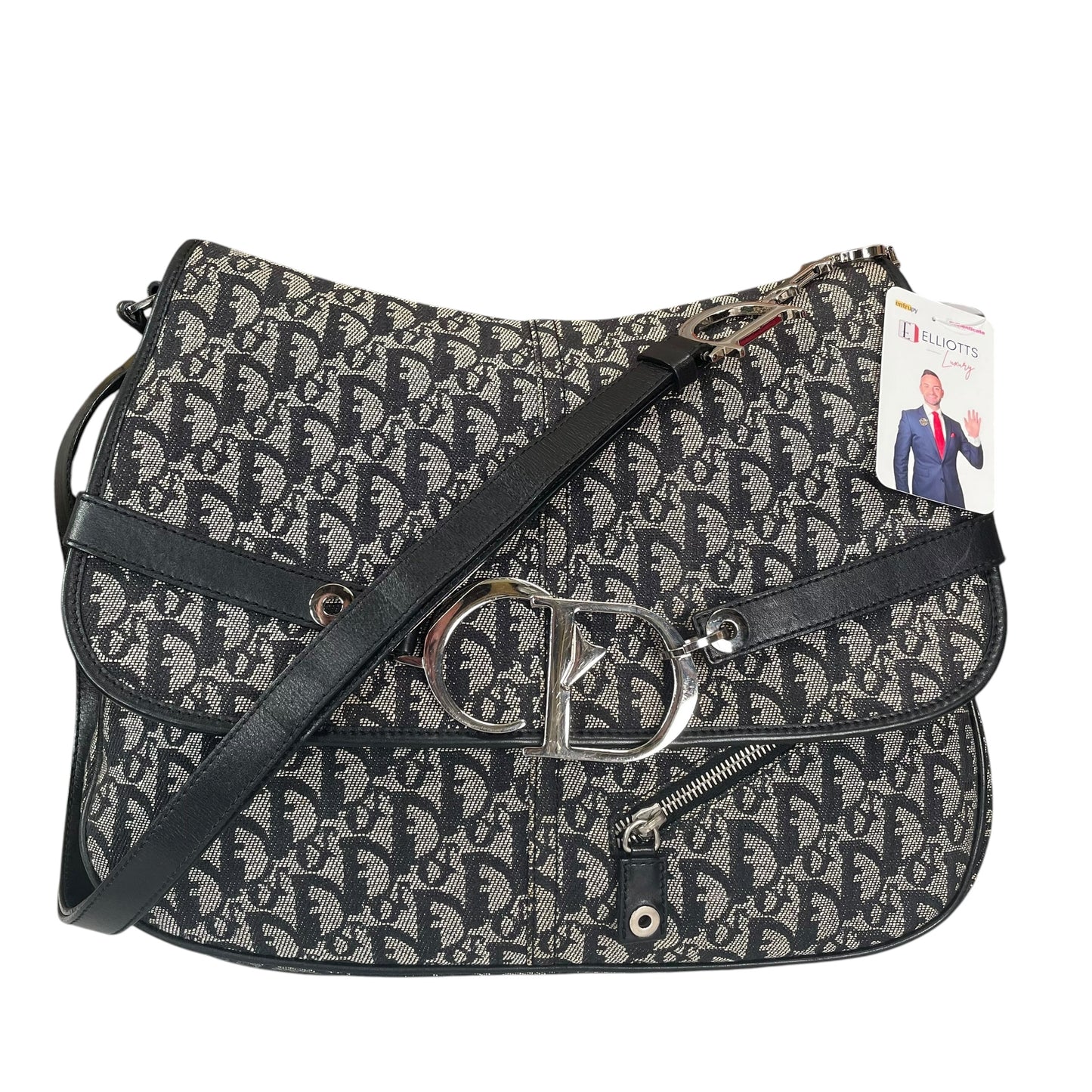 Christian Dior Oblique SHW Black Leather Canvas Trotter Monogram Crossbody 2 Way Shoulder Messenger Purse