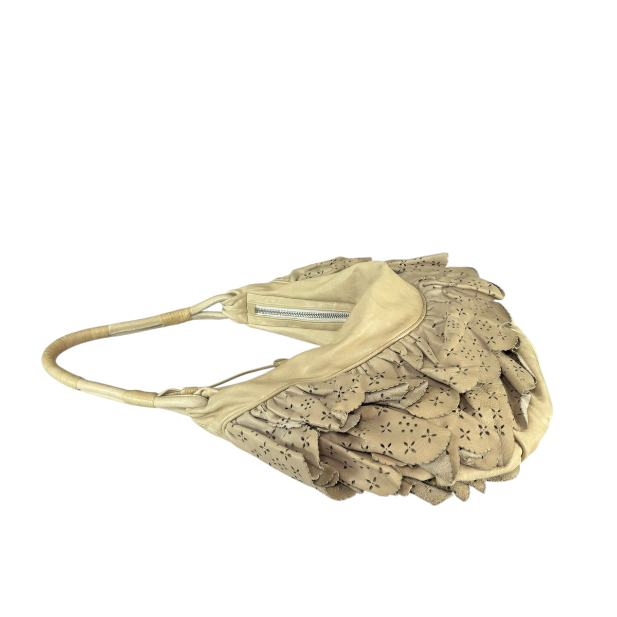 Christian Dior Bone Gypsy Ruffled Leather Perforated Hobo Bag