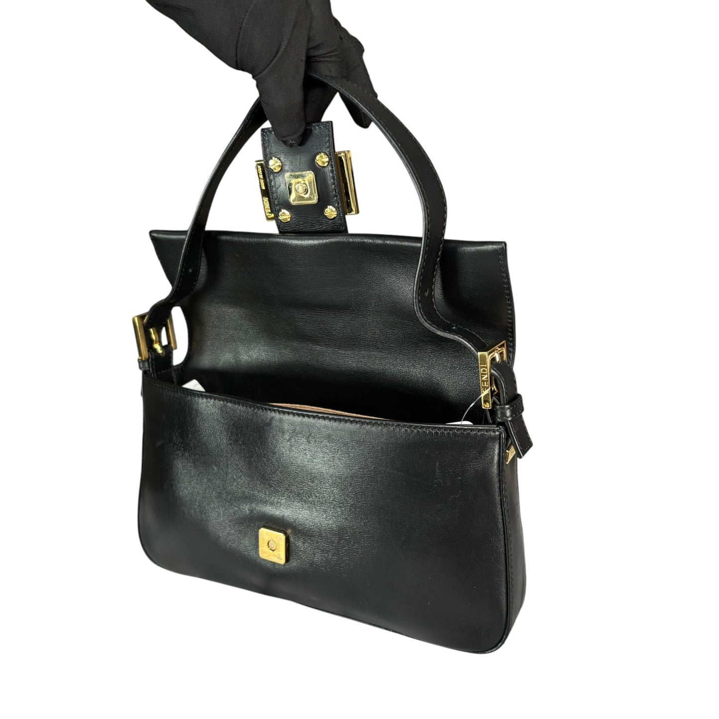Fendi Baguette Re-Issue Black Leather GHW Red/ Tan Shoulder Purse