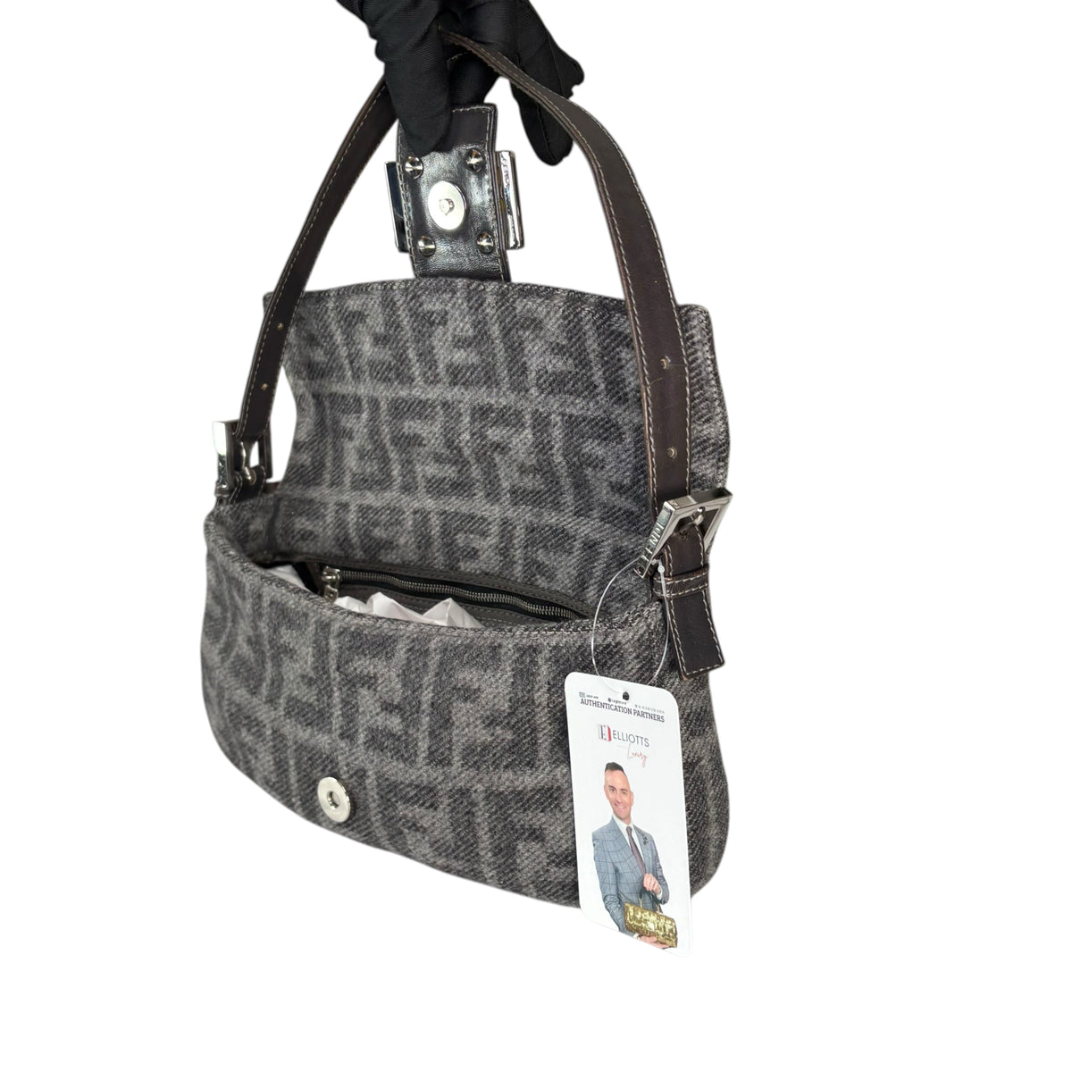 Fendi Y2K Classic Baguette Zucca Cashmere Grey & Black Shoulder Purse