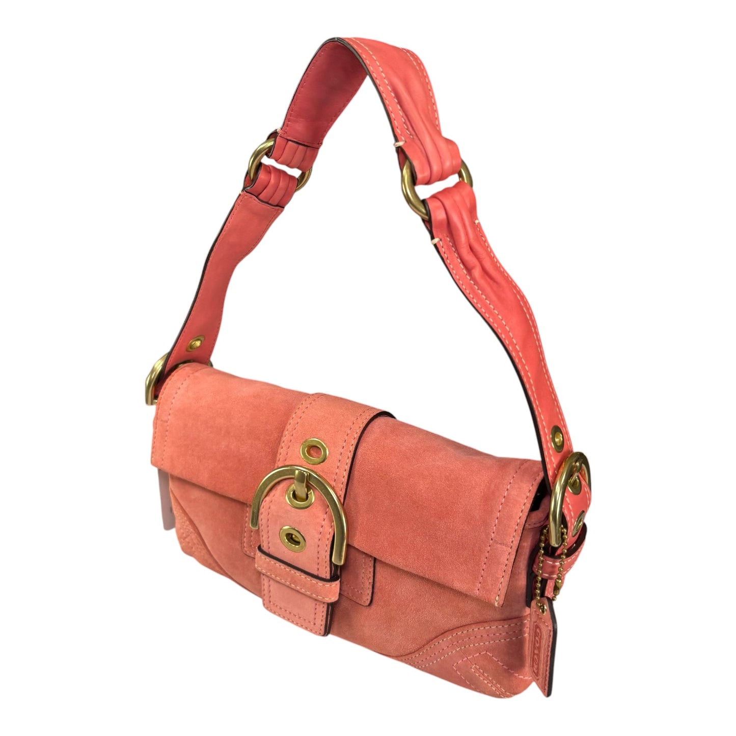 Coach Y2K SoHo Coral Suede Brass Buckle Baguette Shoulder Purse