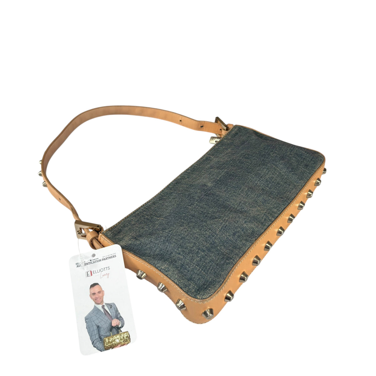 Fendi Y2K Baguette GHW Denim Studded Tan Leather Shoulder Purse