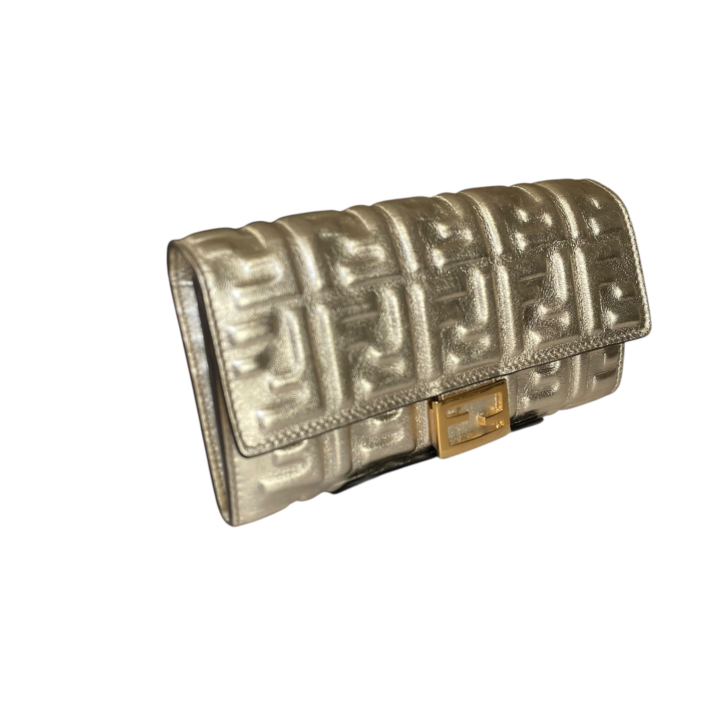Fendi Zucca Baguette Leather Metallic Gold Silver Continental Long