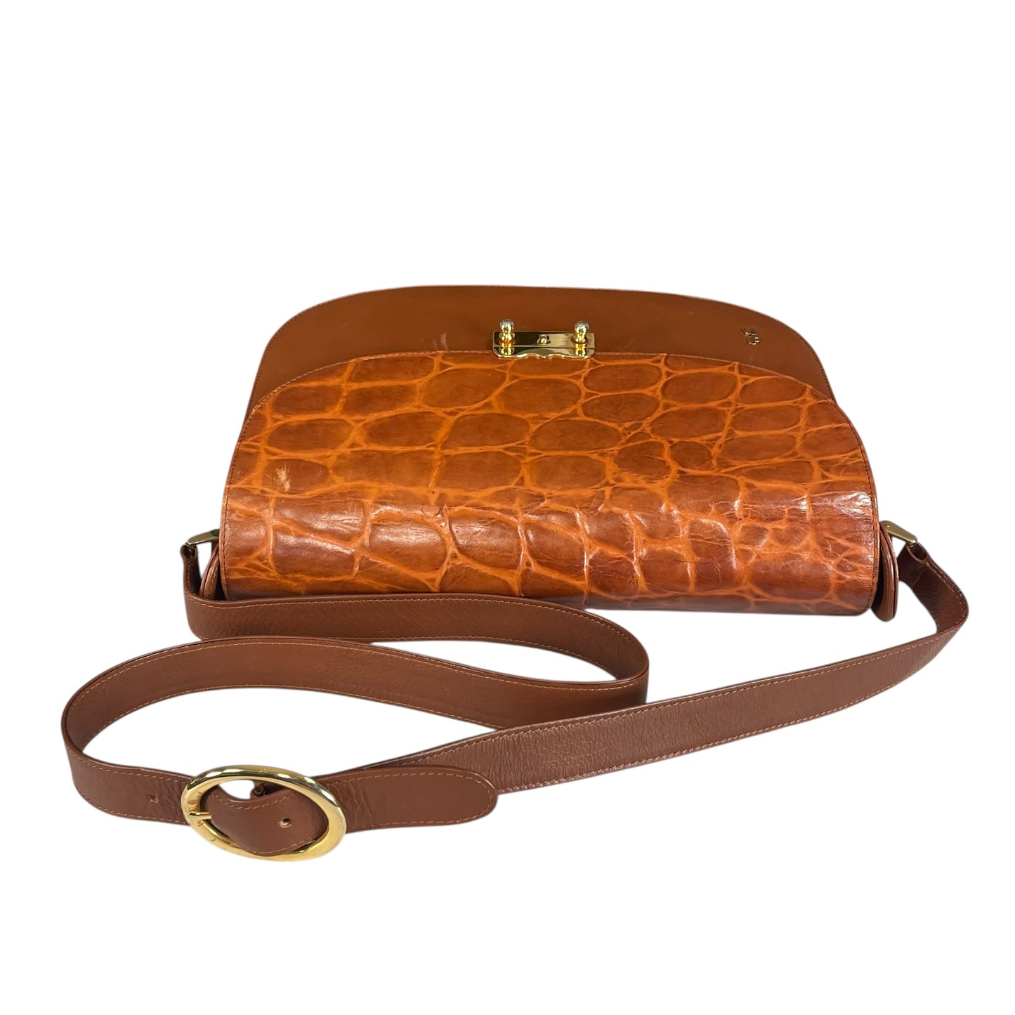 Roberta Di Camerino Croc Embossed Brown Leather GHW Shoulder Flap Purse