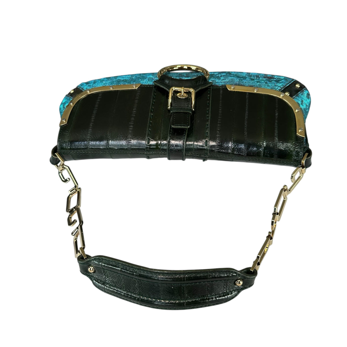 Dolce & Gabbana D-Ring Eel Skin Green / Gold Hologlyphic Canvas Shoulder Purse