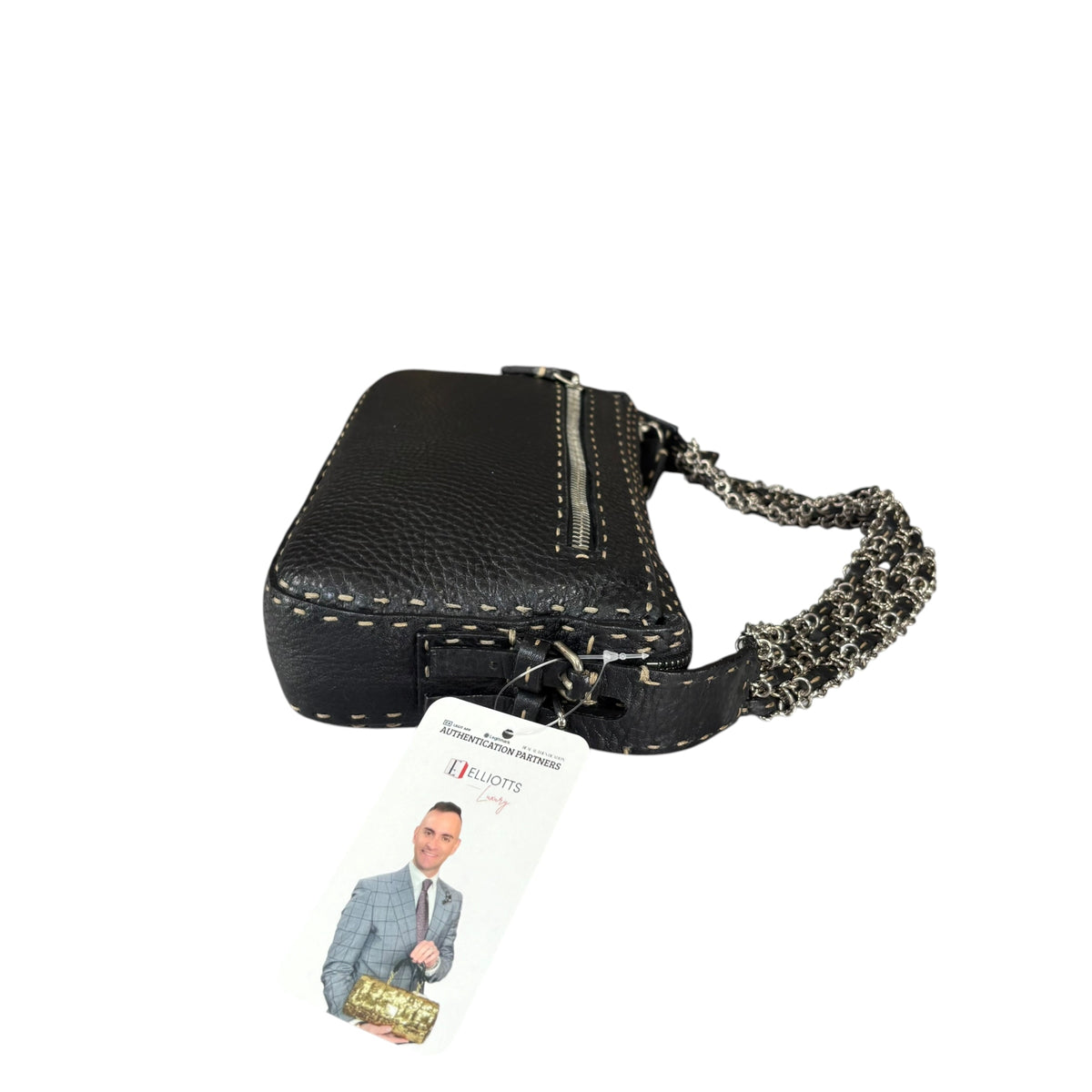 Fendi Selleria Baguette Black Leather Sterling Mesh Chain Purse
