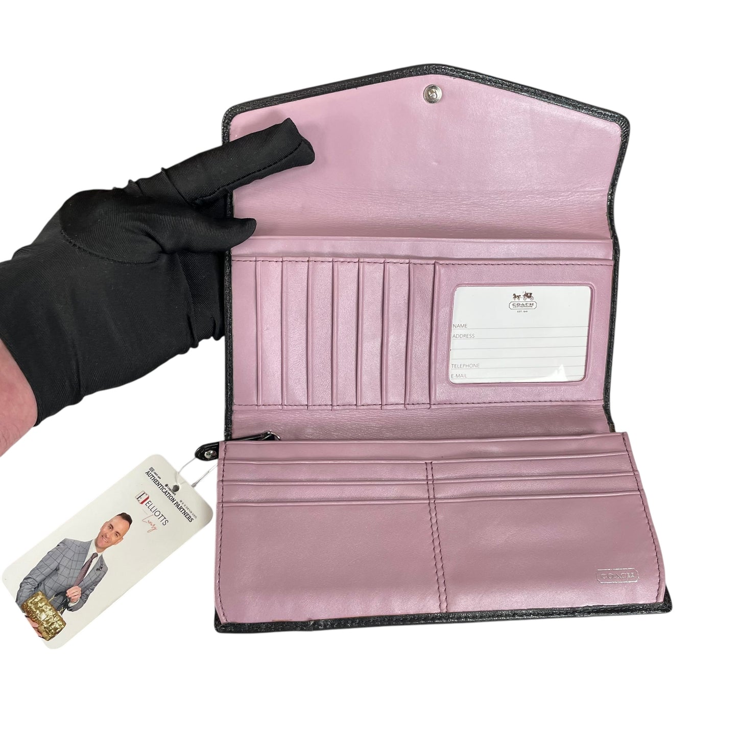 Coach Madison Carriage Logo Black Leather Trifold Long Wallet Lilac Interior SHW