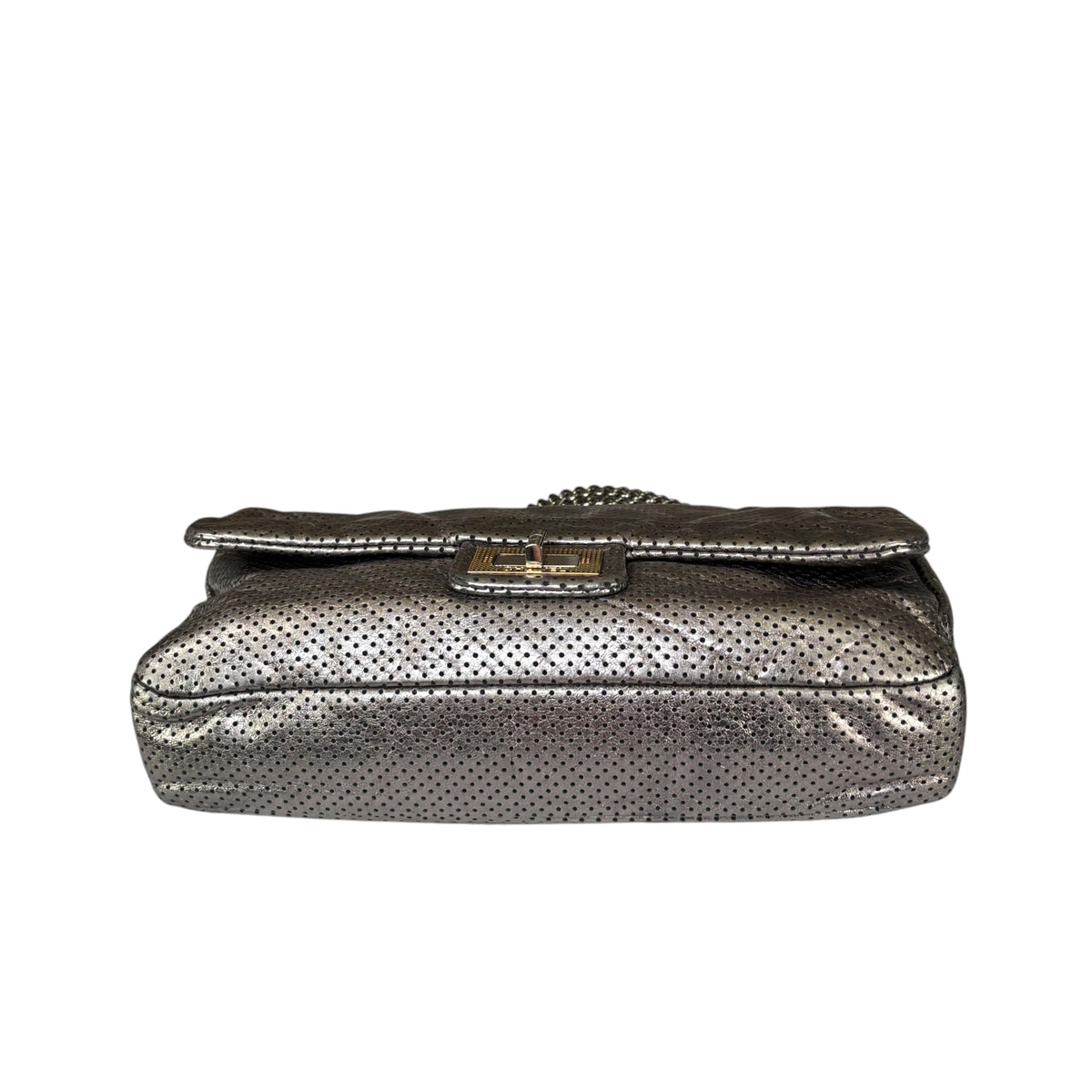 Chanel 2.55 Drill Flap Pewter Metallic Lambskin Leather GHW Med Shoulder Purse