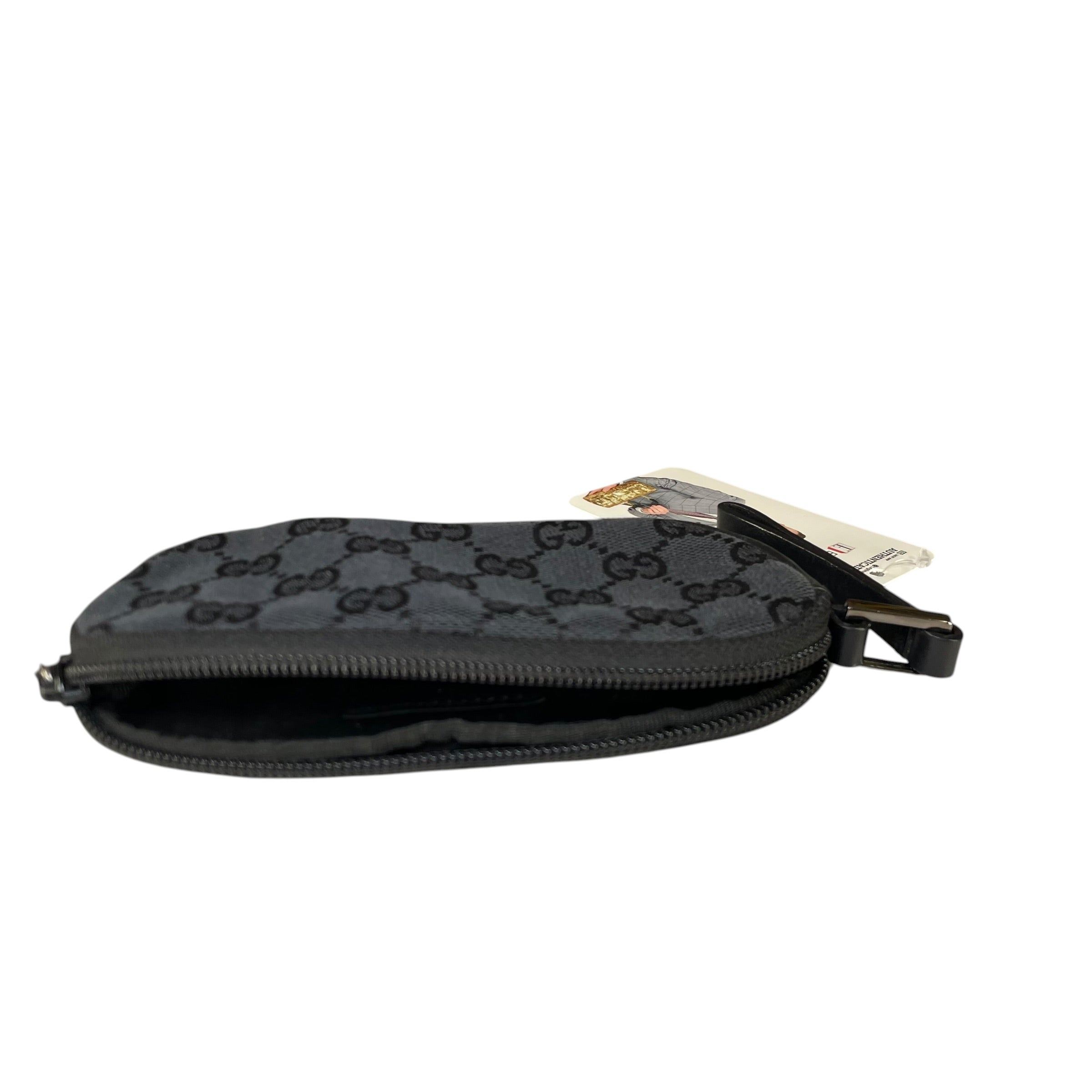 Gucci GG Black Canvas Leather Coin Card Wristlet Slim Zip Pouch
