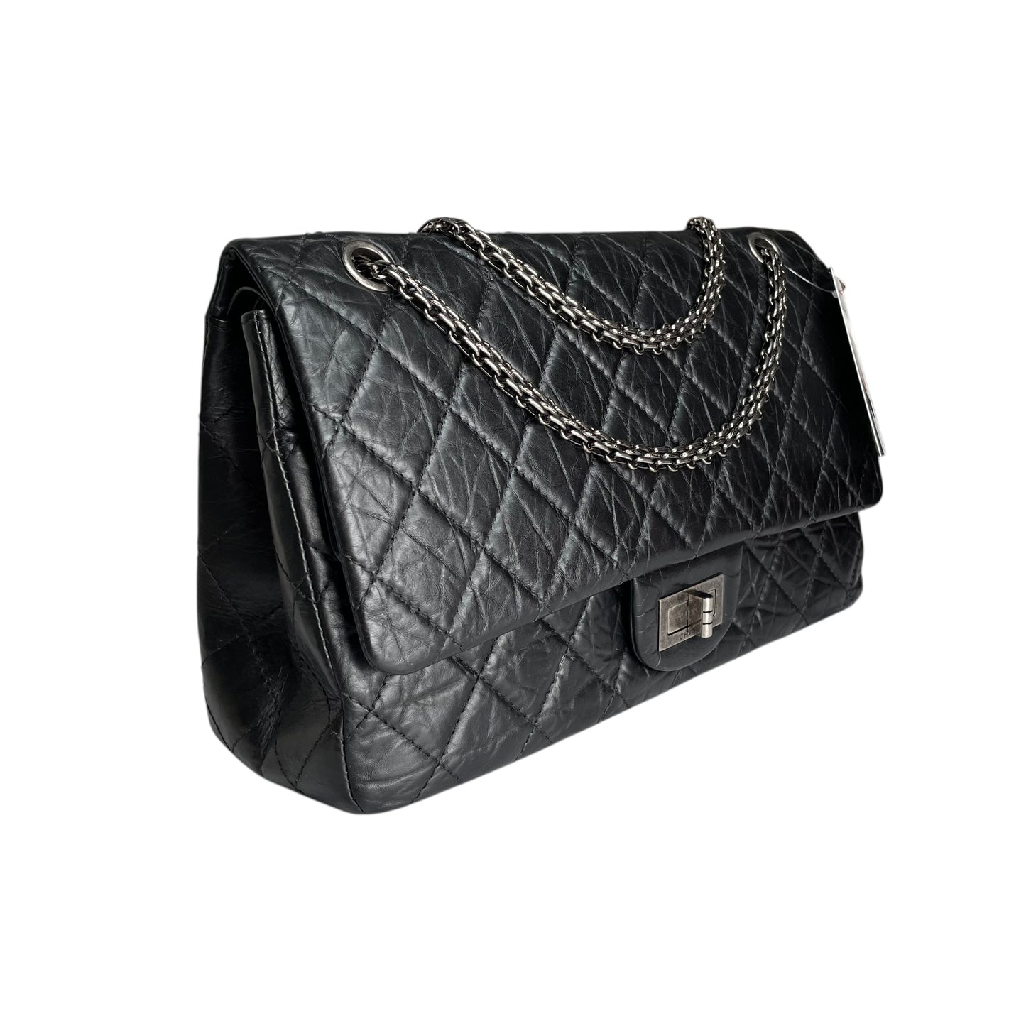 Chanel CC 255 Re-Issue Large Black Aged Calf Gunmetal Hardware Double Flap Purse