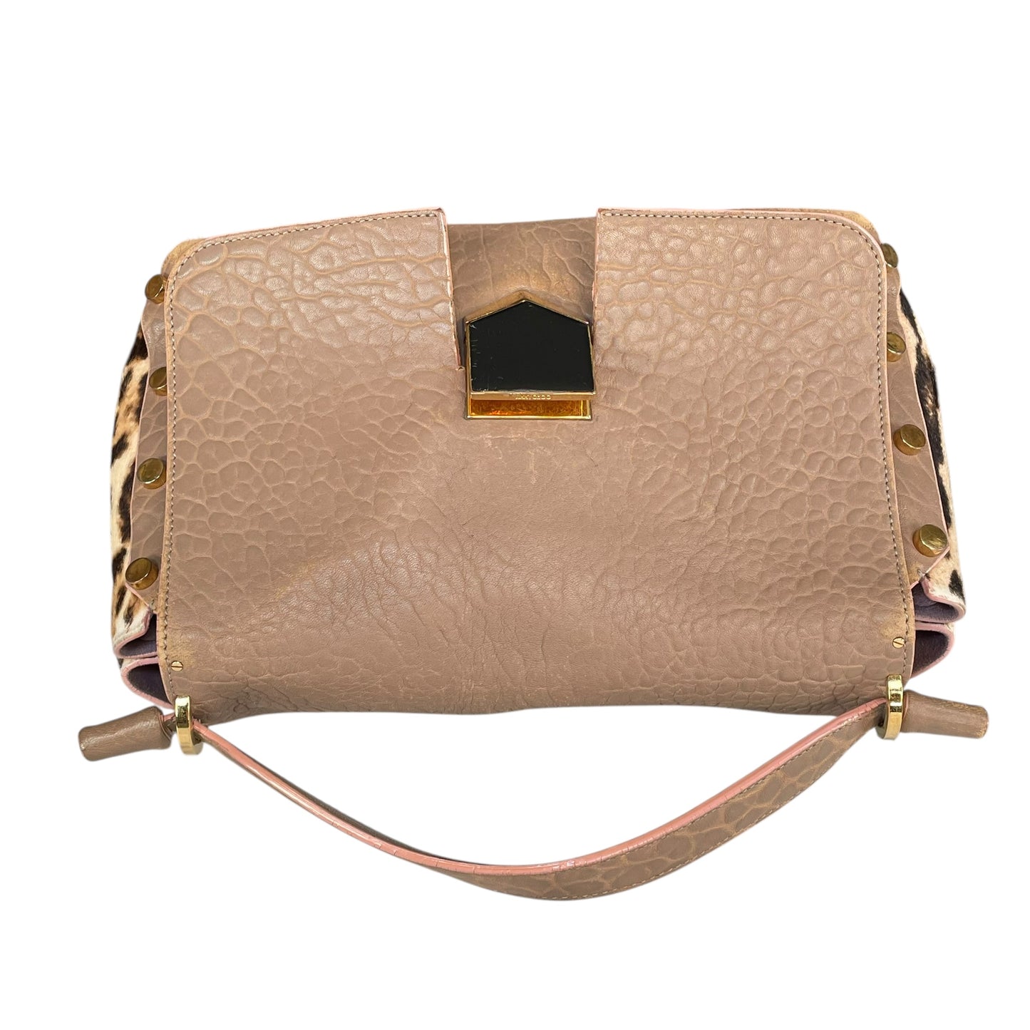 Jimmy Choo Lockett Two Way Bag Leopard Pony Hair Taupe Leather Gold HW Satchel