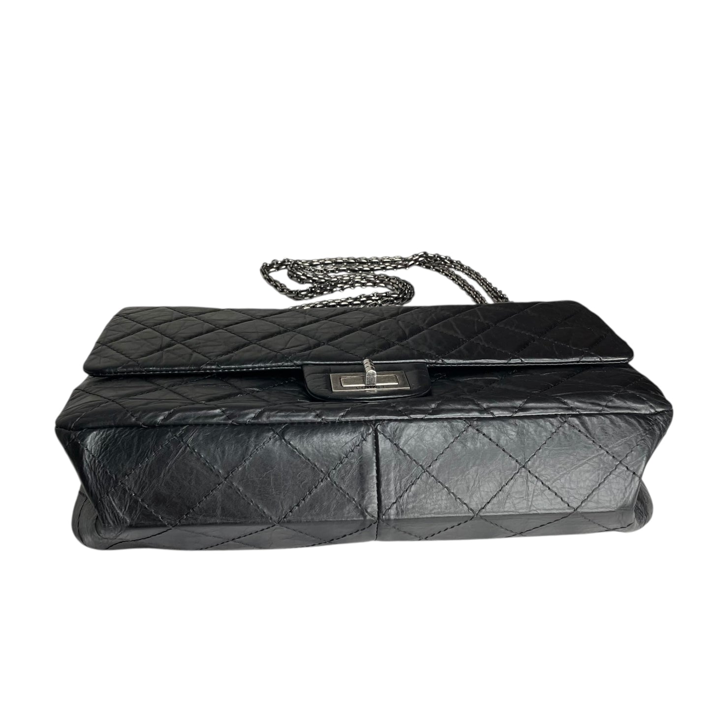 Chanel CC 255 Re-Issue Large Black Aged Calf Gunmetal Hardware Double Flap Purse