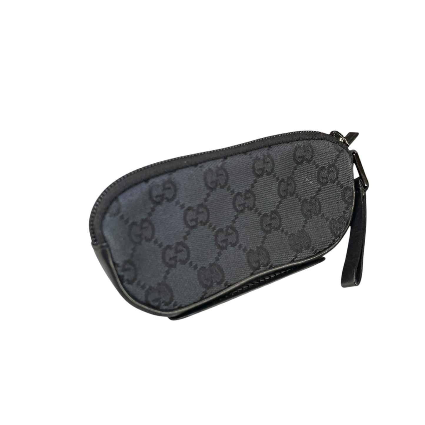 Gucci GG Black Canvas Leather Coin Card Wristlet Slim Zip Pouch