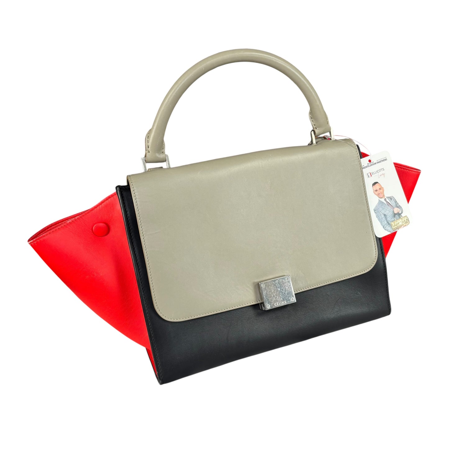 Celine Trapeze Tri-Color Red Black Grey Turn-Lock Top Handle Purse