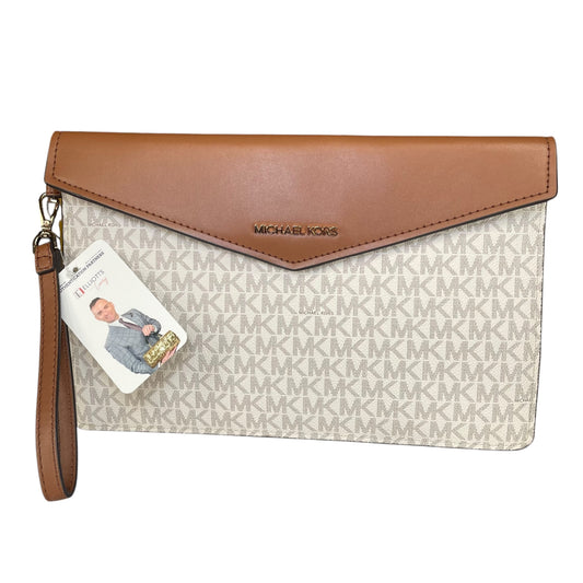 Michael Kors Maisie Leather Brown White Canvas GHW XL Envelope Clutch Wristlet