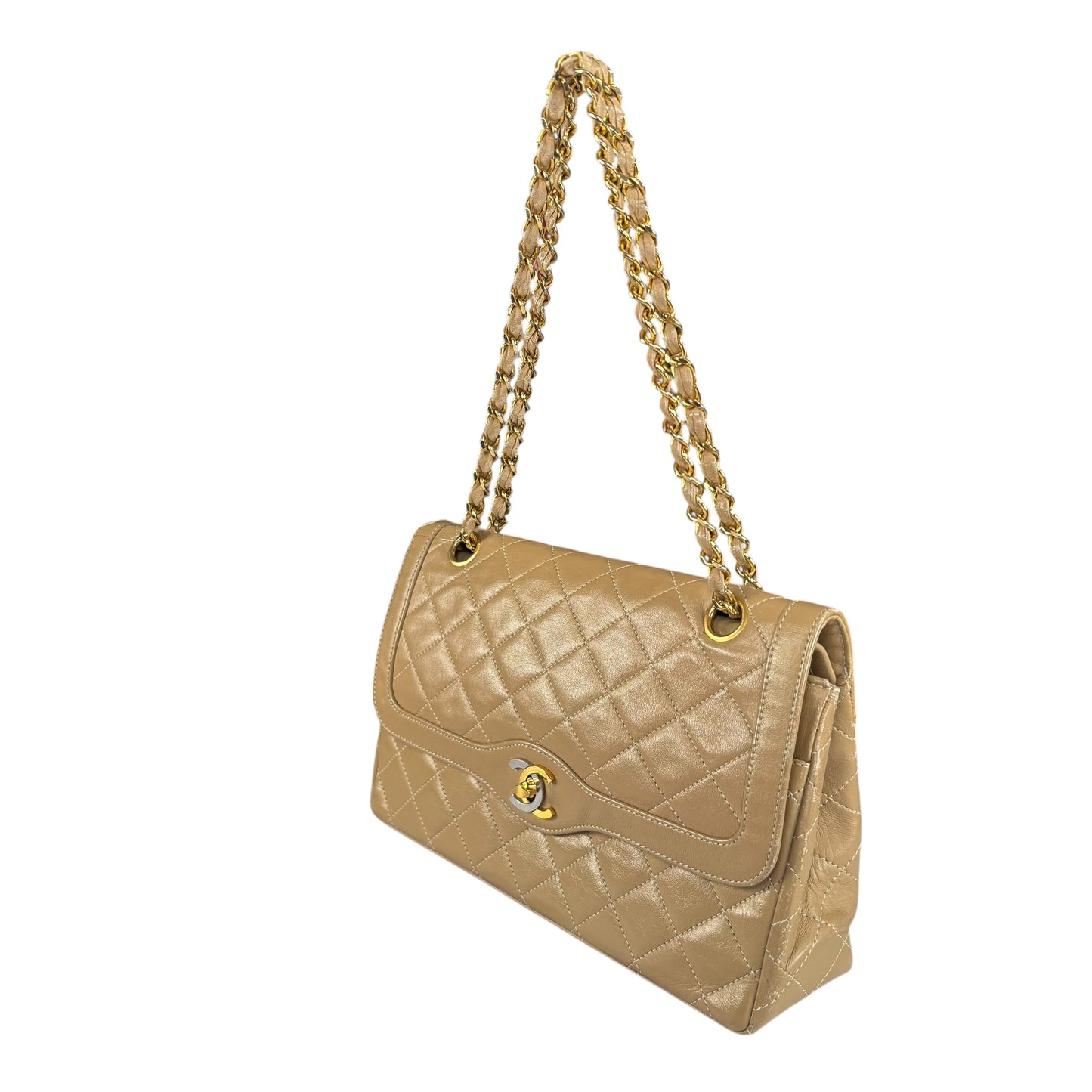 Chanel Paris Limited Beige Double Flap Quilted Lambskin Shoulder Purse