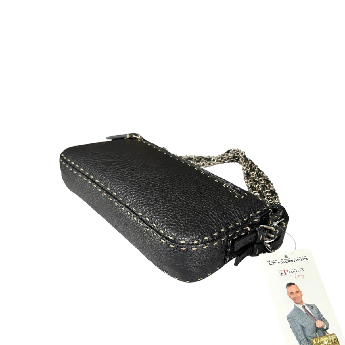 Fendi Selleria Baguette Black Leather Sterling Mesh Chain Purse