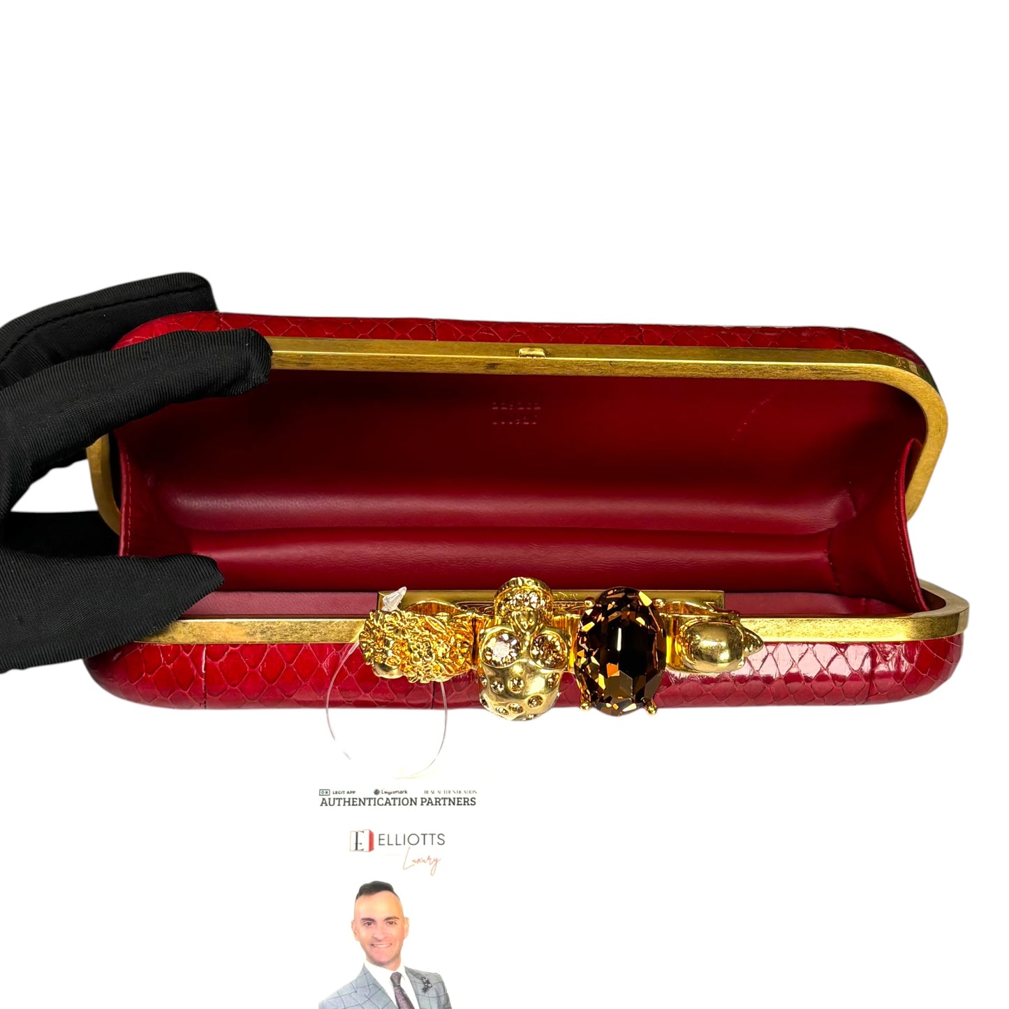 Alexander McQueen Ruby Red Embossed Leather Knuckle Clutch – Gold Rhinestone Skull Hardware