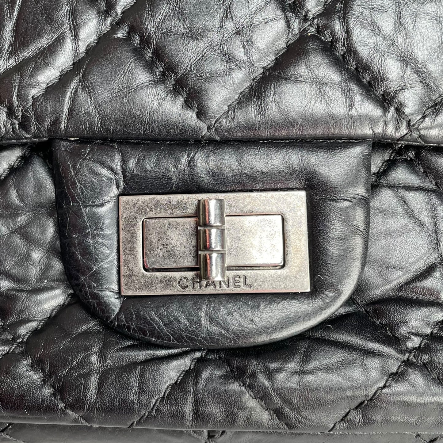 Chanel CC 255 Re-Issue Large Black Aged Calf Gunmetal Hardware Double Flap Purse