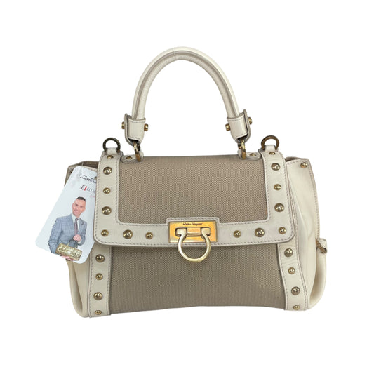 Salvatore Ferragamo Sofia Small Studded Canvas Leather Top Handle Brushed HW Bag