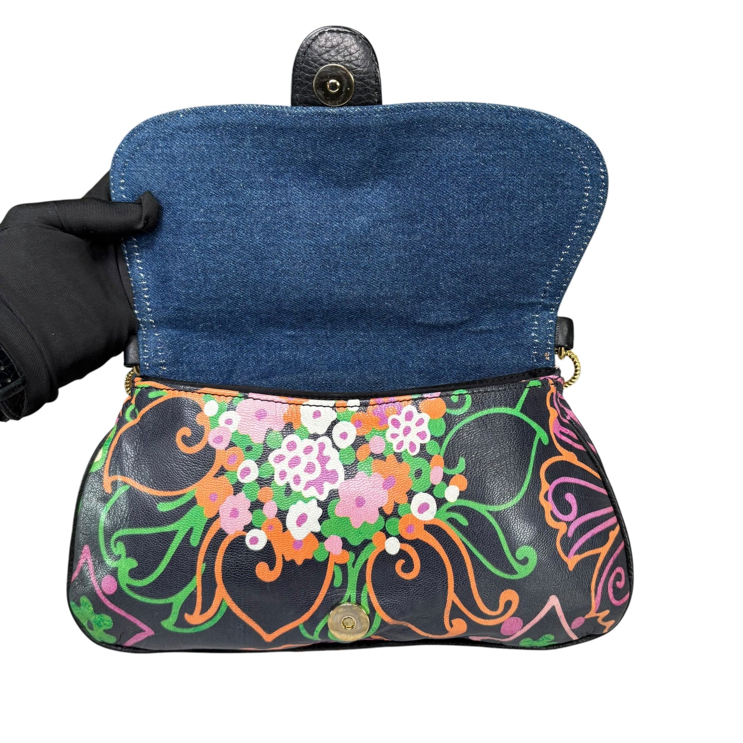 Dolce & Gabbana D & G Y2K Denim Buckle Baguette Floral Limited Leather Chain Purse
