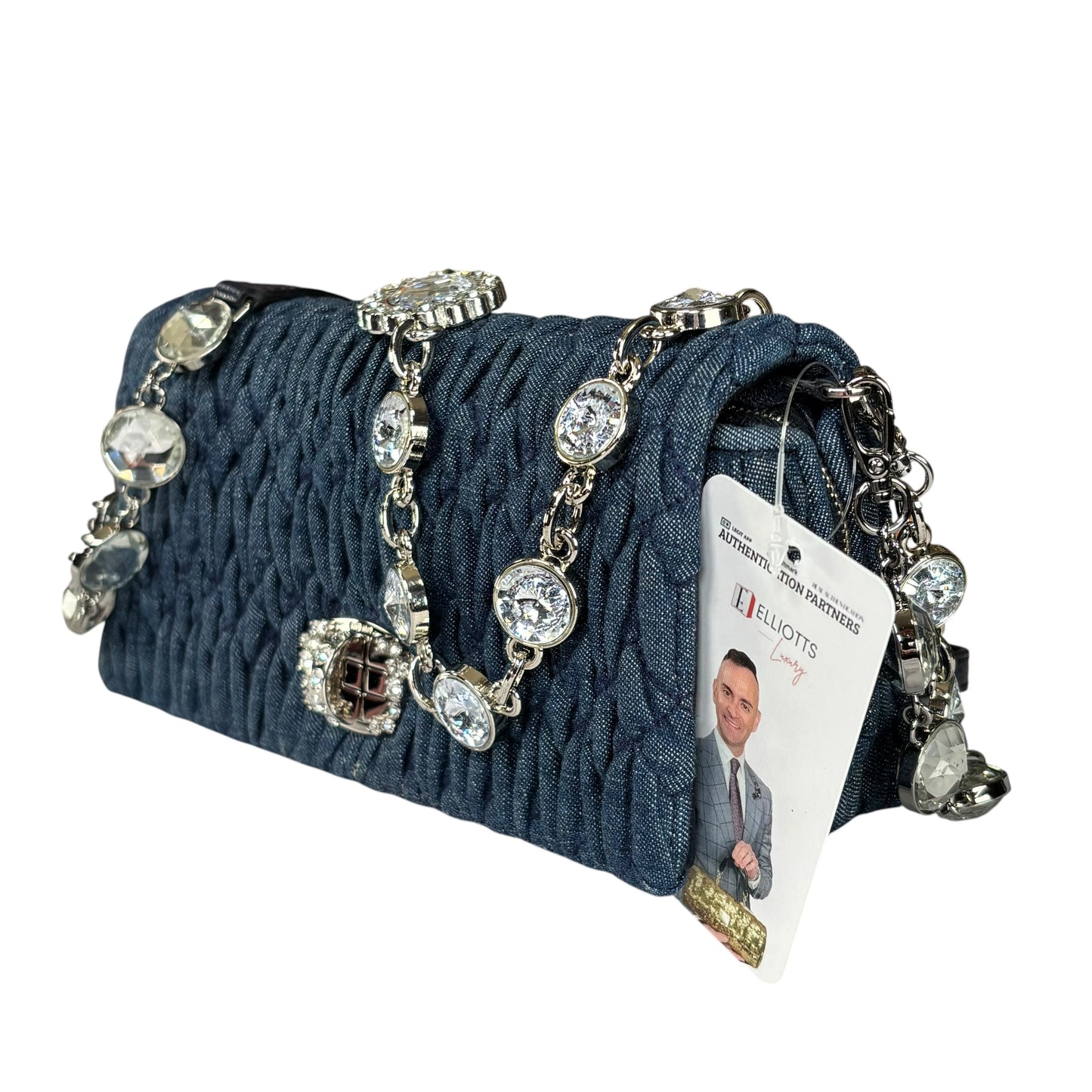 Miu Miu Crystal SHW Encrusted Denim 2-Way Crossbody Flap Turn-Lock Purse