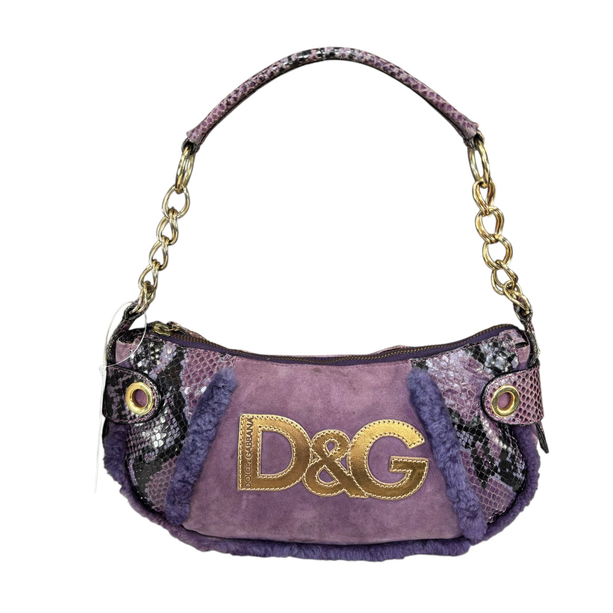 Dolce & Gabbana Y2K Purple Shearling Python Embossed Shoulder Purse