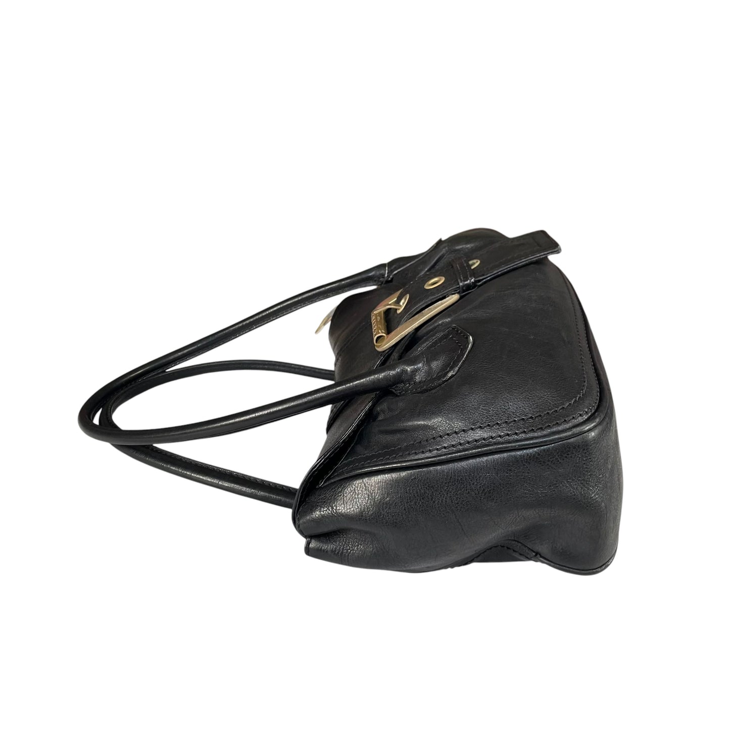 Celine Buckle Front Shoulder Black Leather Brushed Brass