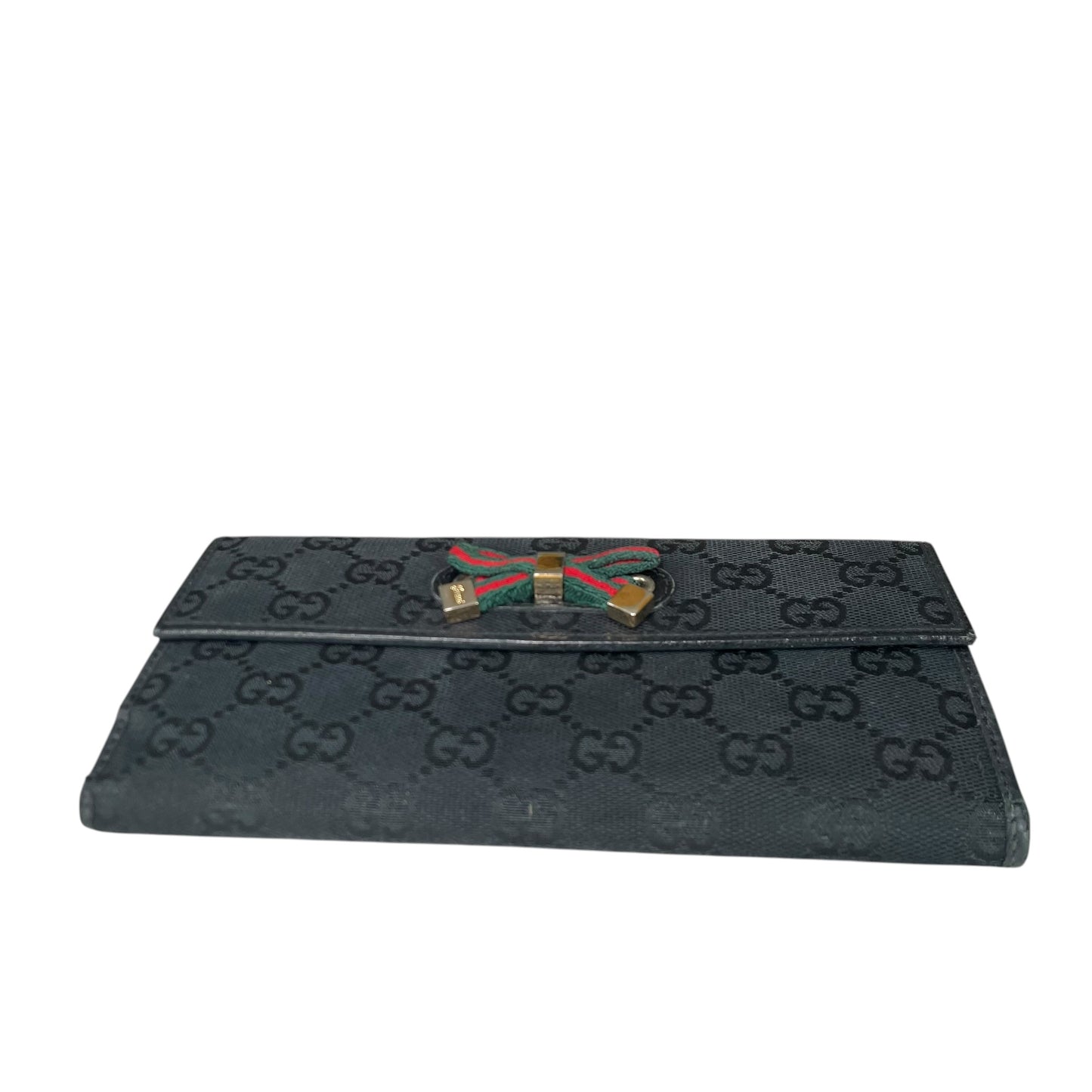 Gucci Princy GG Canvas Long Wallet Black Web Bow Clutch Vintage Checkbook