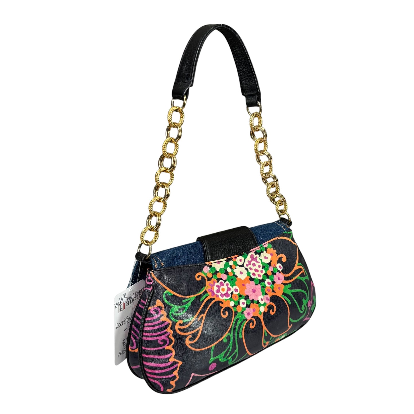 Dolce & Gabbana D & G Y2K Denim Buckle Baguette Floral Limited Leather Chain Purse