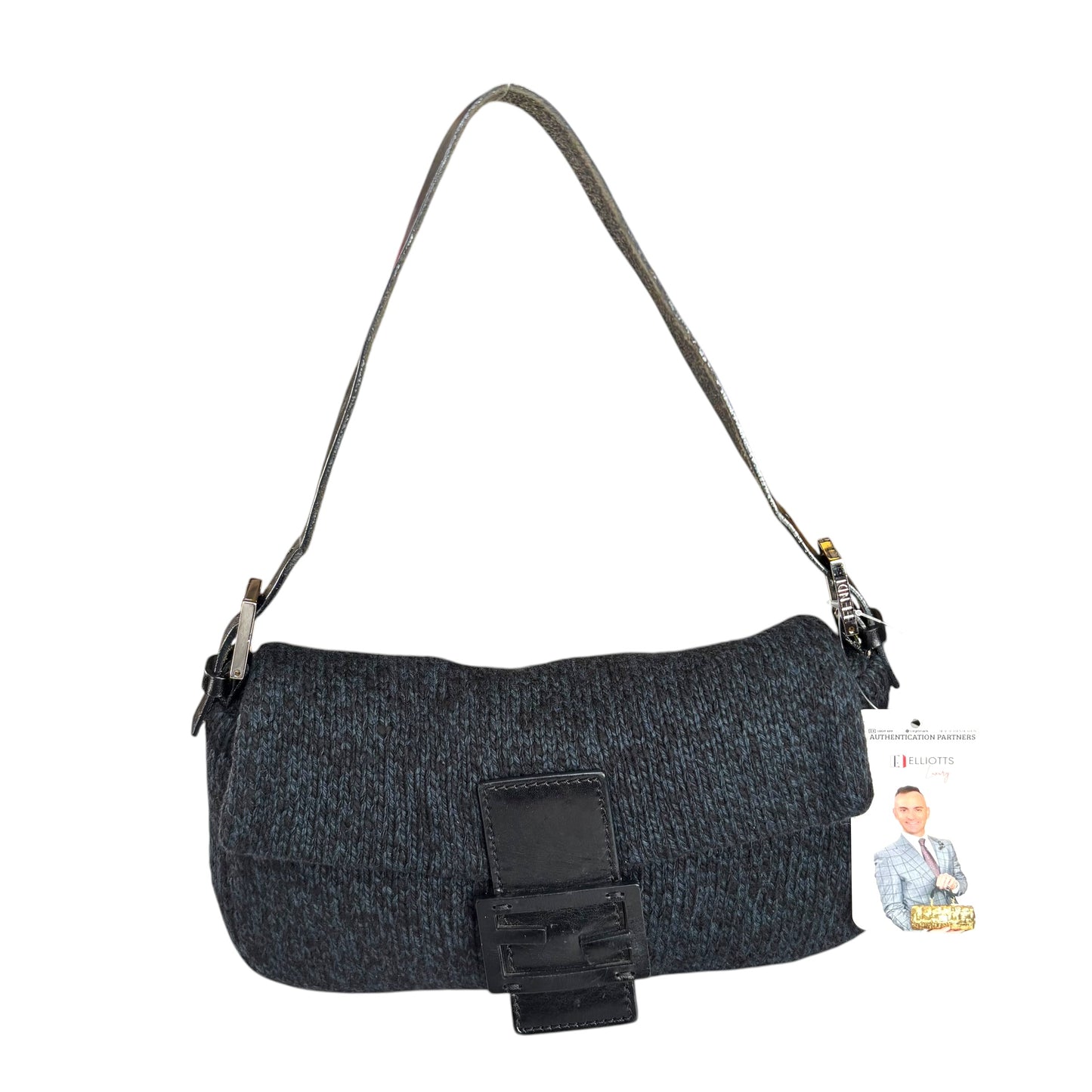 Fendi Baguette Classic Y2K Wool Cashmere Blue / Black SHW Knit Shoulder Purse