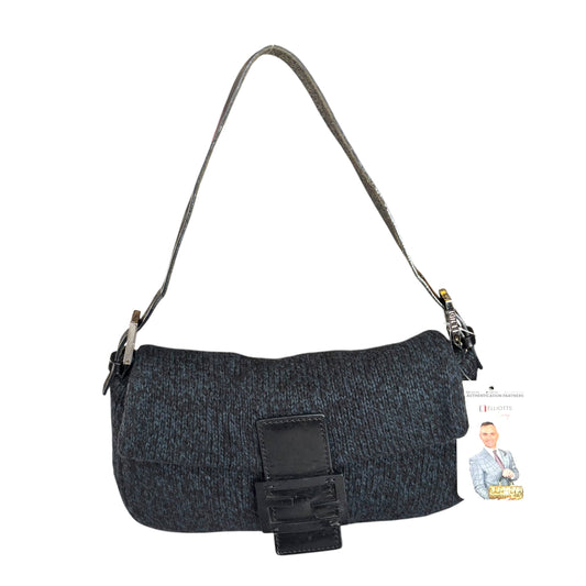 Fendi Baguette Classic Y2K Wool Cashmere Blue / Black SHW Knit Shoulder Purse