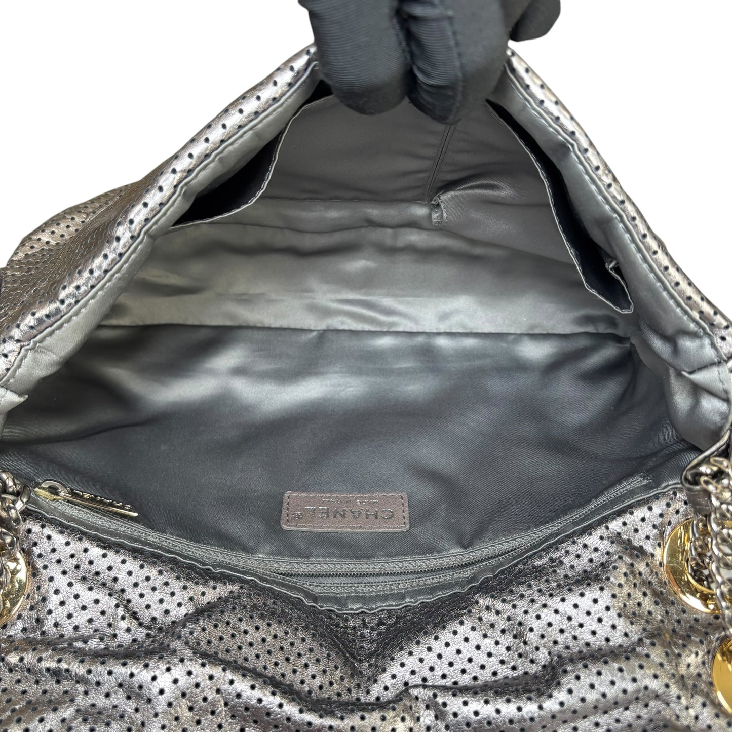 Chanel 2.55 Drill Flap Pewter Metallic Lambskin Leather GHW Med Shoulder Purse