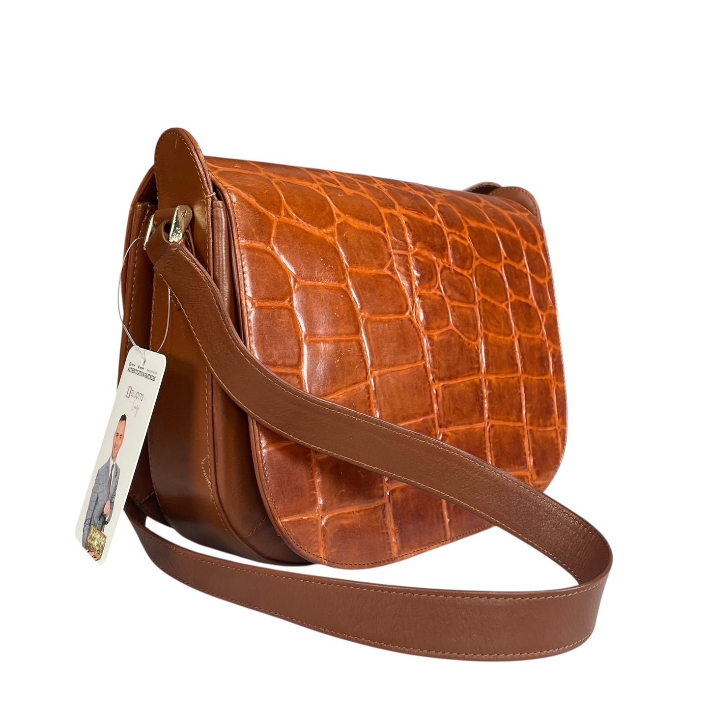 Roberta Di Camerino Croc Embossed Brown Leather GHW Shoulder Flap Purse