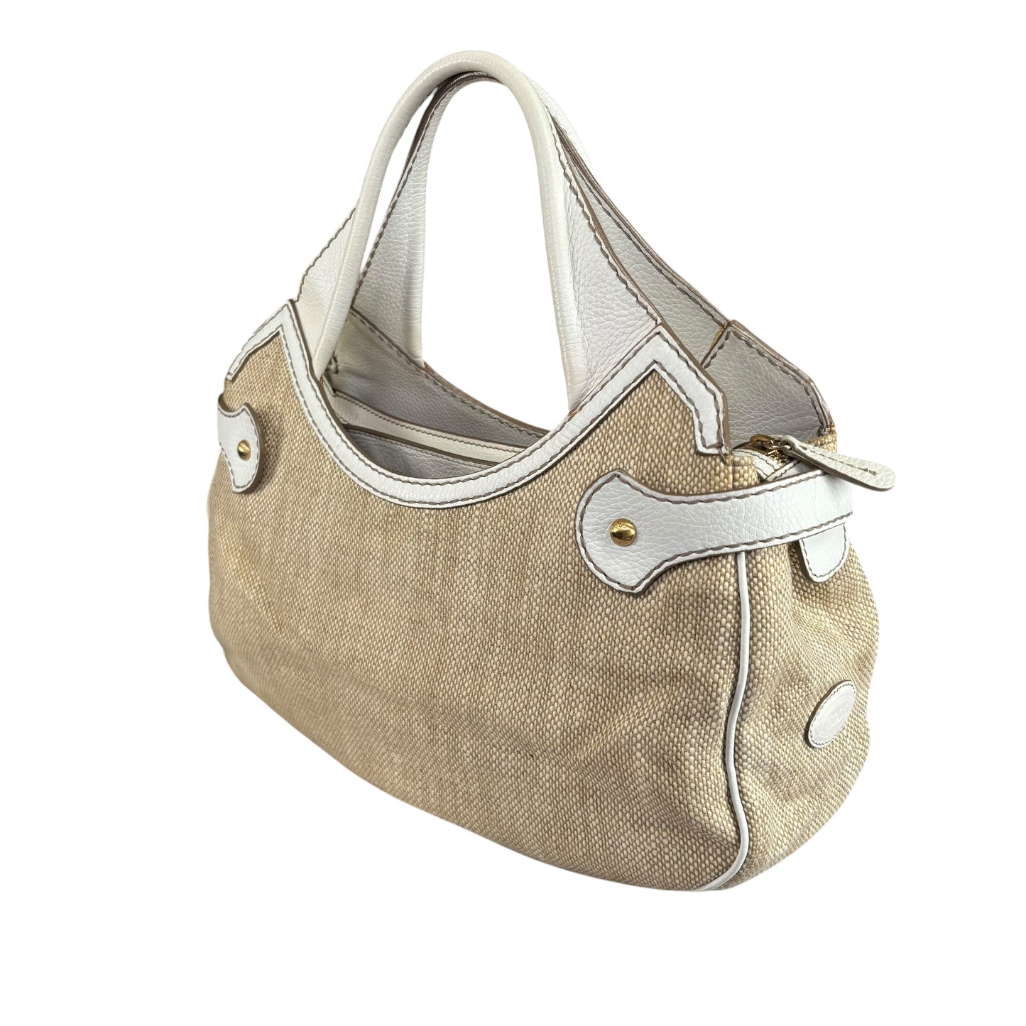 Tod’s Decoupage Canvas Chalk & Tan Leather Shoulder Purse