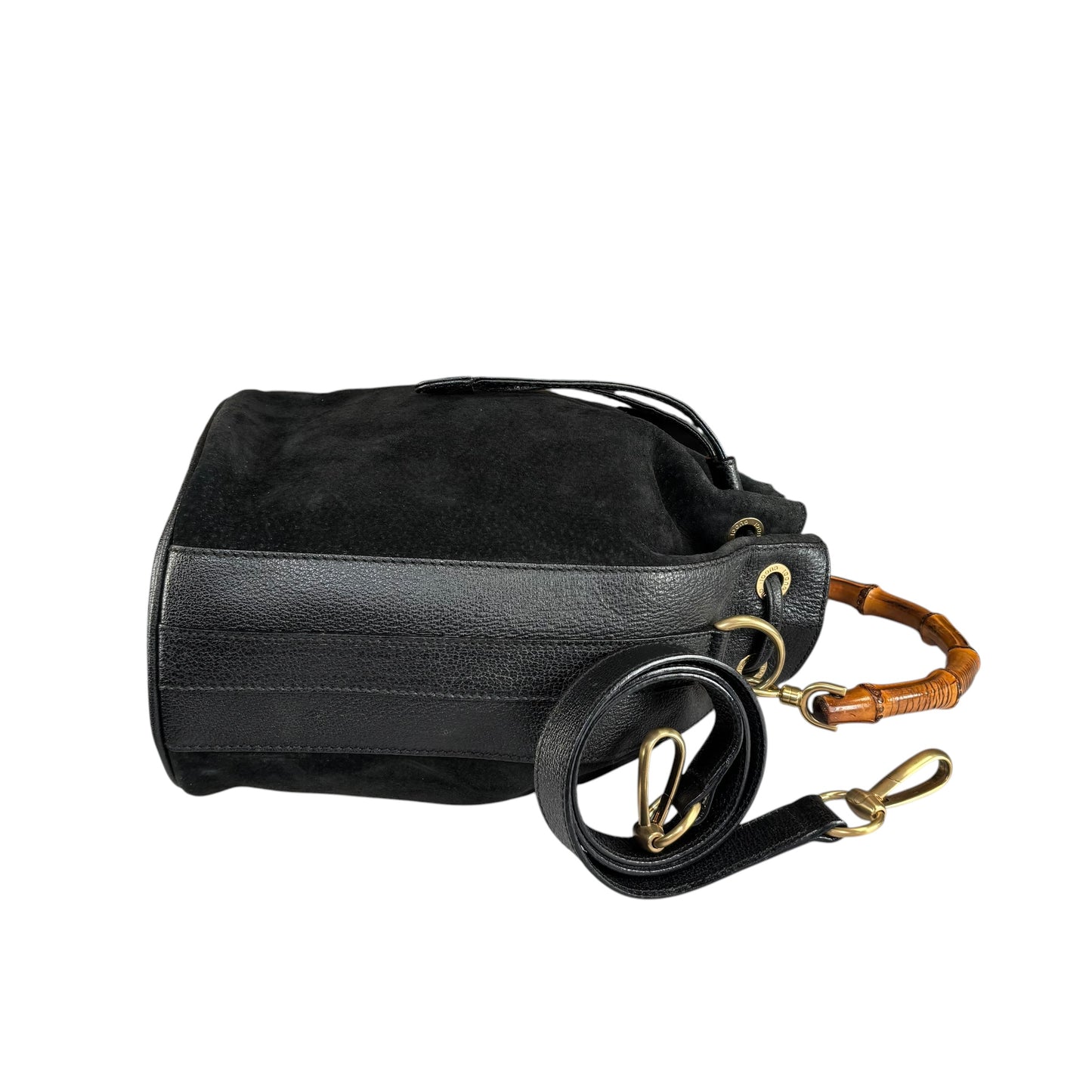 Gucci Bamboo Black Leather Suede Bucket Shoulder Bag
