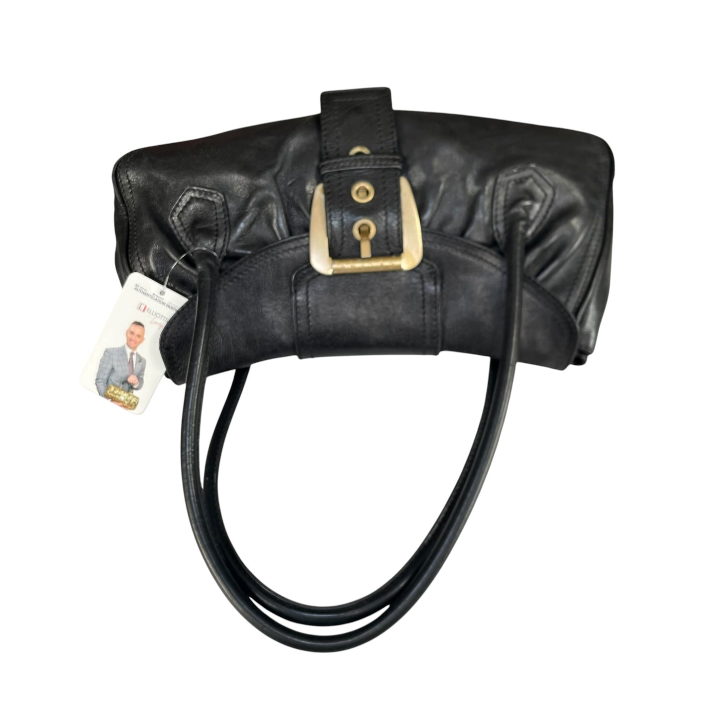 Celine Buckle Front Shoulder Black Leather Brushed Brass
